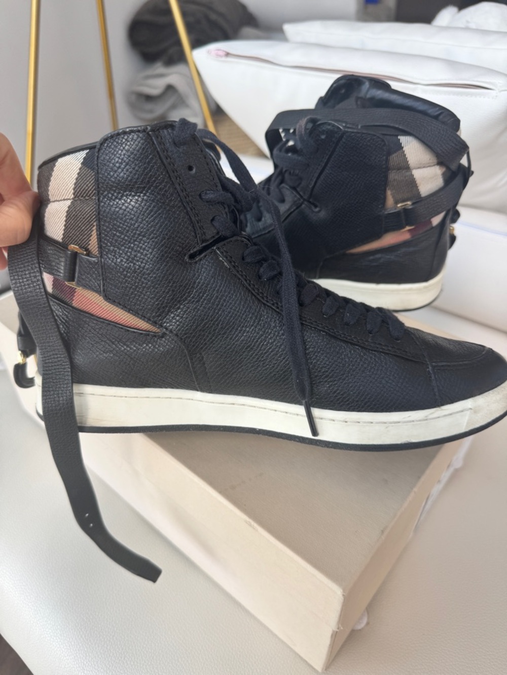 Burberry Black Leather High-Top Sneakers with Signature Check Accent